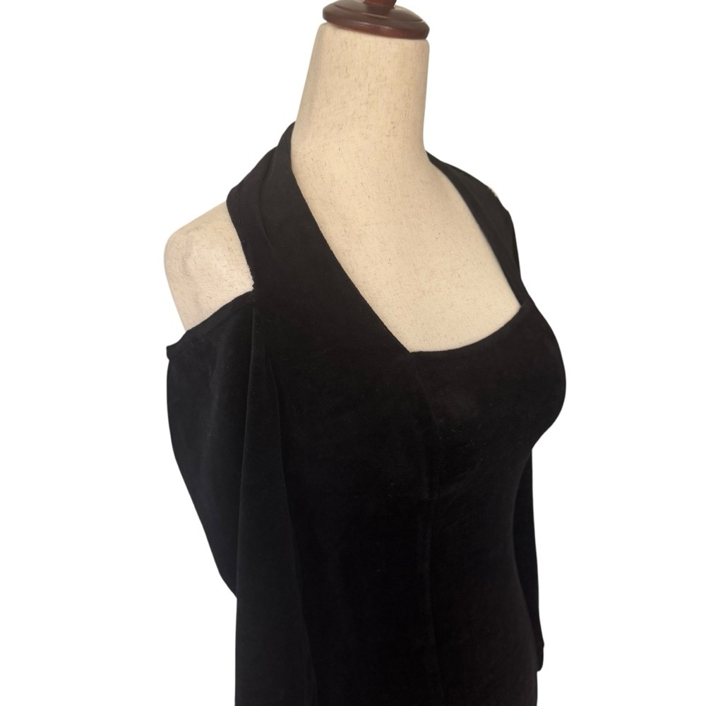 Vintage 90s YES Black Velvet Velour Bodycon Cutout Halter Mini Dress Club Goth - Picture 2 of 9